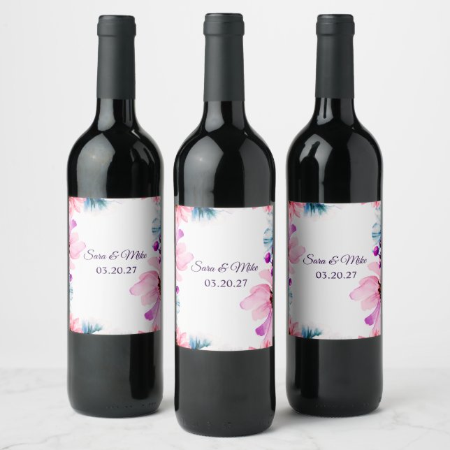 Romantic Blush & Blue floral Wedding Invitation Wine Label (Bottles)
