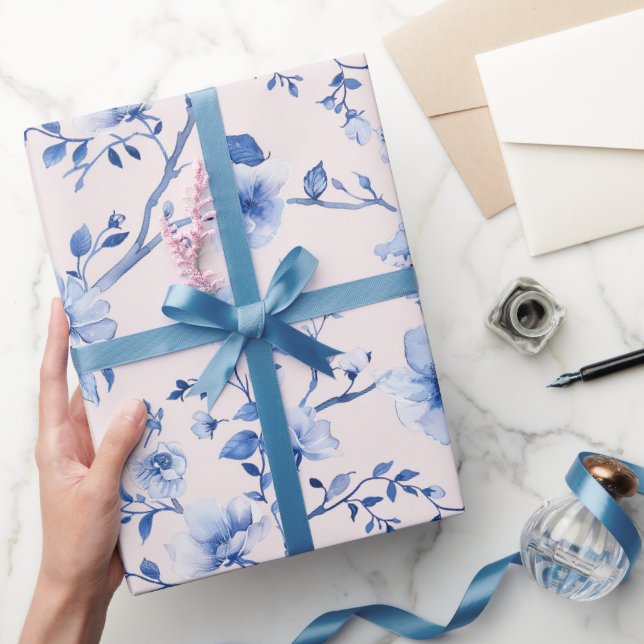 Romantic Blush Blue Floral Wedding Wrapping Paper (Gifting)