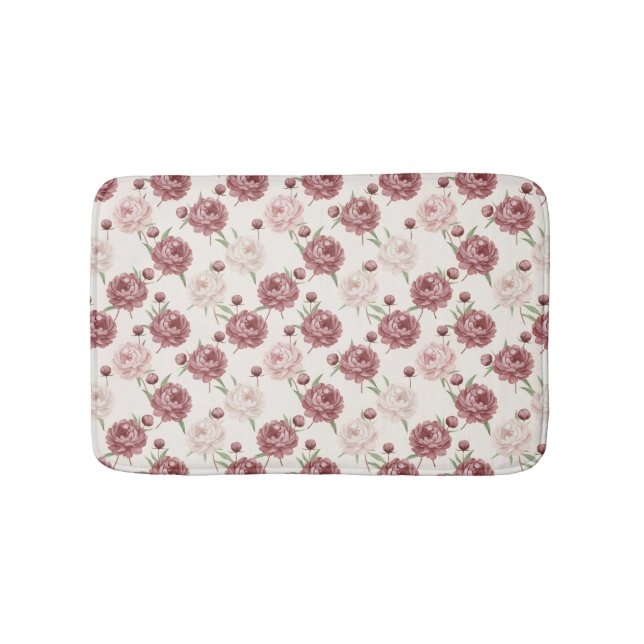Romantic Blush & Burgundy Peony Floral Pattern Bath Mat (Front)