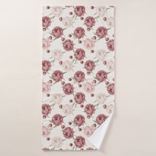 Romantic Blush & Burgundy Peony Floral Pattern Bath Towel (Bath Towel)