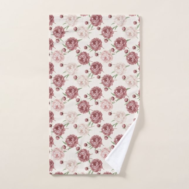 Romantic Blush & Burgundy Peony Floral Pattern Hand Towel (Hand Towel)