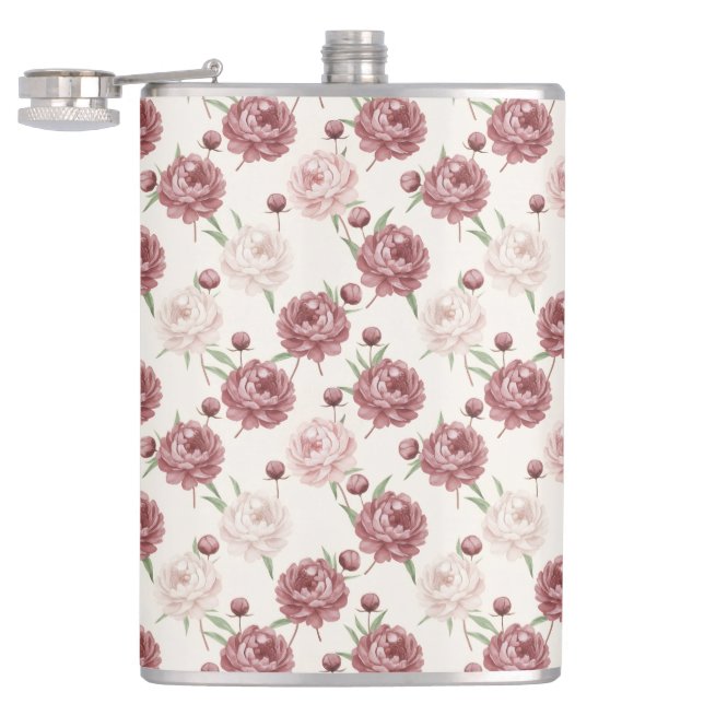 Romantic Blush & Burgundy Peony Floral Pattern Hip Flask (Opened)