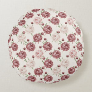 Romantic Blush & Burgundy Peony Floral Pattern Round Cushion