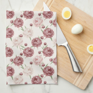 Romantic Blush & Burgundy Peony Floral Pattern Tea Towel