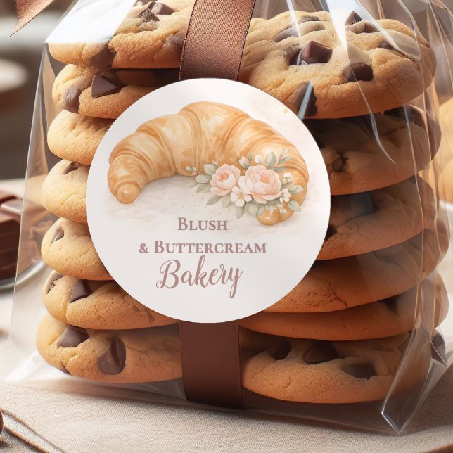 Romantic Blush Croissant Bakery Business Classic Round Sticker (Creator Uploaded)