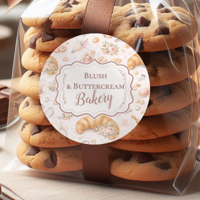 Romantic Blush Croissant Bakery Business Classic Round Sticker (Creator Uploaded)