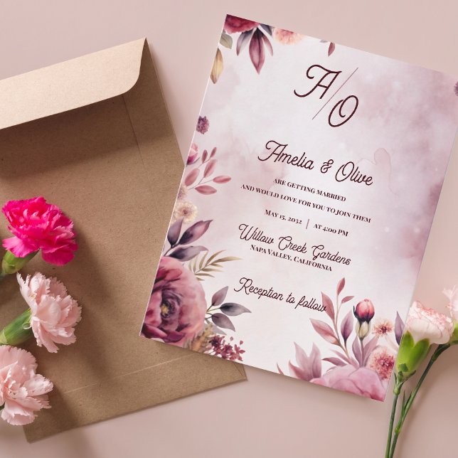 Romantic Blush Ethereal Mauve Wedding Invitation Postcard (Ethereal Mauve Fine Art Floral Wedding Invitation  | Romantic Blush Watercolor Wedding Invitation)