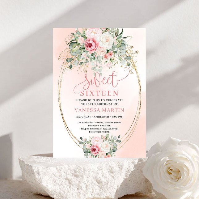 Romantic Blush Floral Gold Sweet 16 Birthday Party Invitation (Romantic Blush Floral Sweet 16 Birthday Party Invite)