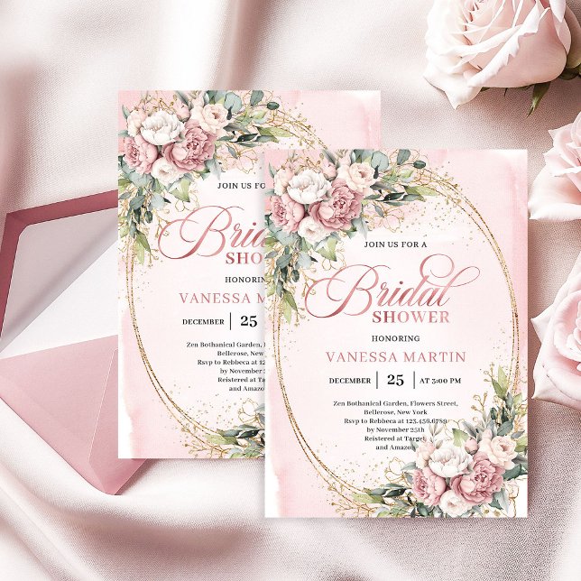 Romantic Blush Floral Greenery Gold Shower Invitation (Romantic Blush Floral Greenery Gold Shower)