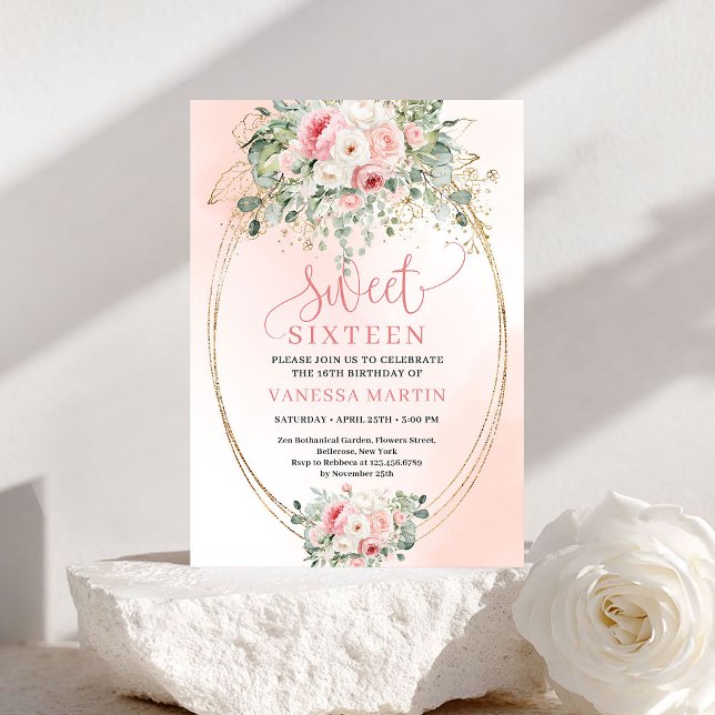 Romantic Blush Floral Sweet 16 Birthday Invitation (Romantic Blush Floral Sweet 16 Birthday Invitation)
