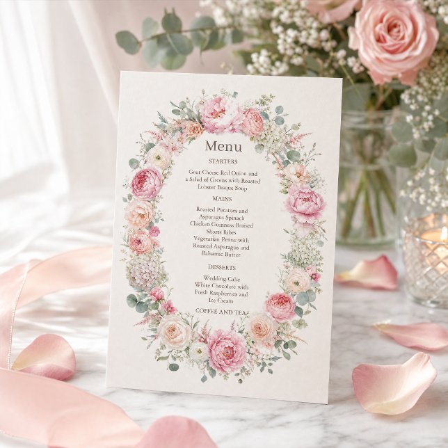 Romantic Blush Floral Wedding Menu Suite  Invitation (#romanticweddingmenu #weddingdinner #wreathflowersinvitation #pinkflowersinvitation #blushpinkfloral)