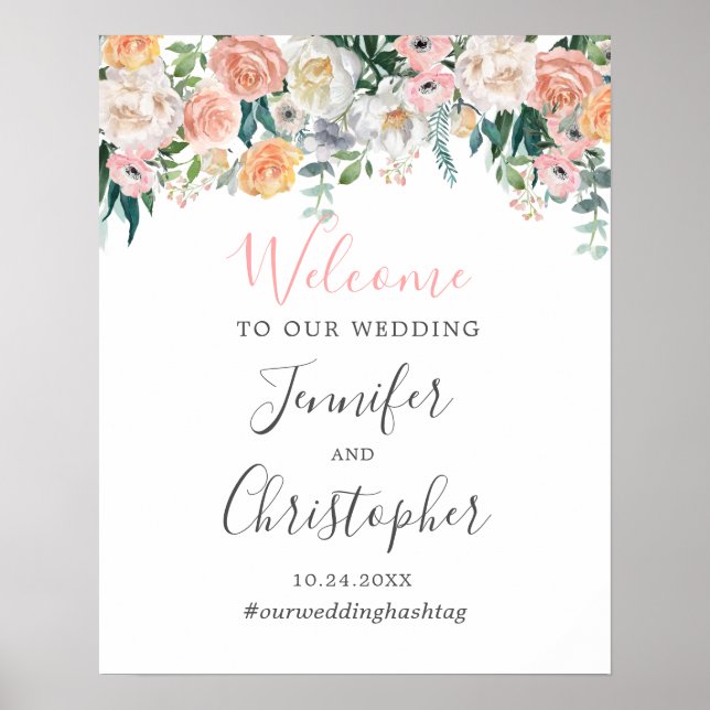 Romantic Blush Floral Wedding Welcome Sign (Front)