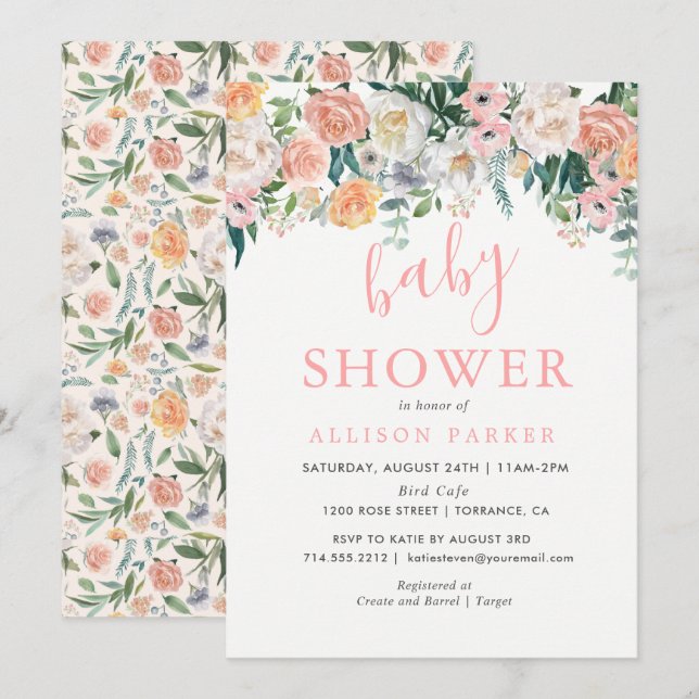 Romantic Blush Flowers Baby Shower Invitation (Front/Back)