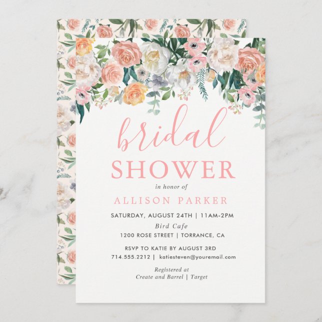 Romantic Blush Flowers Bridal Shower Invitation (Front/Back)
