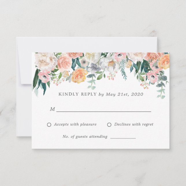 Romantic Blush Flowers Wedding RSVP reply Card (Front)