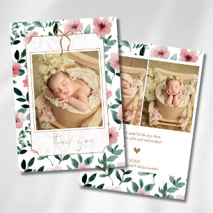 Romantic Blush Green Floral Gold Bow Baby Photo Announcement