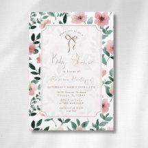 Romantic Blush Green Floral Gold Bow Baby Shower
