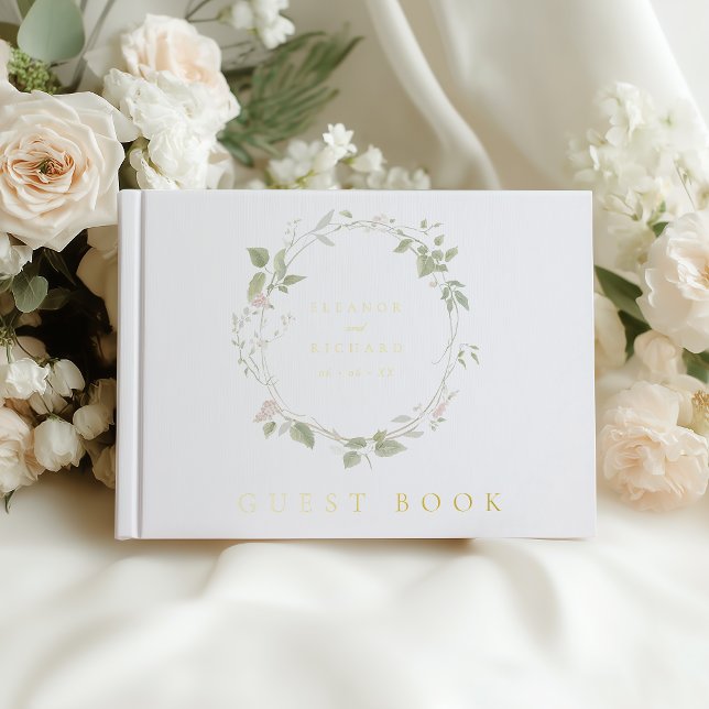 Romantic Blush & Green Floral Wreath Wedding Guest Book (Creator Uploaded)