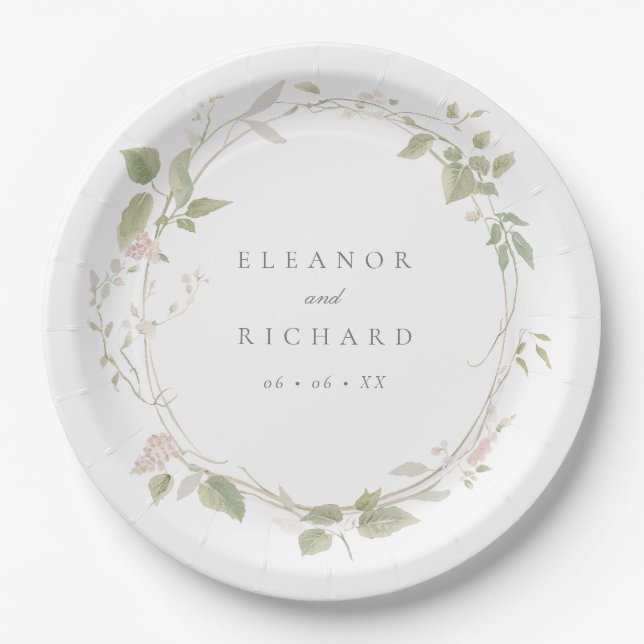 Romantic Blush & Green Floral Wreath Wedding Paper Plate (Front)