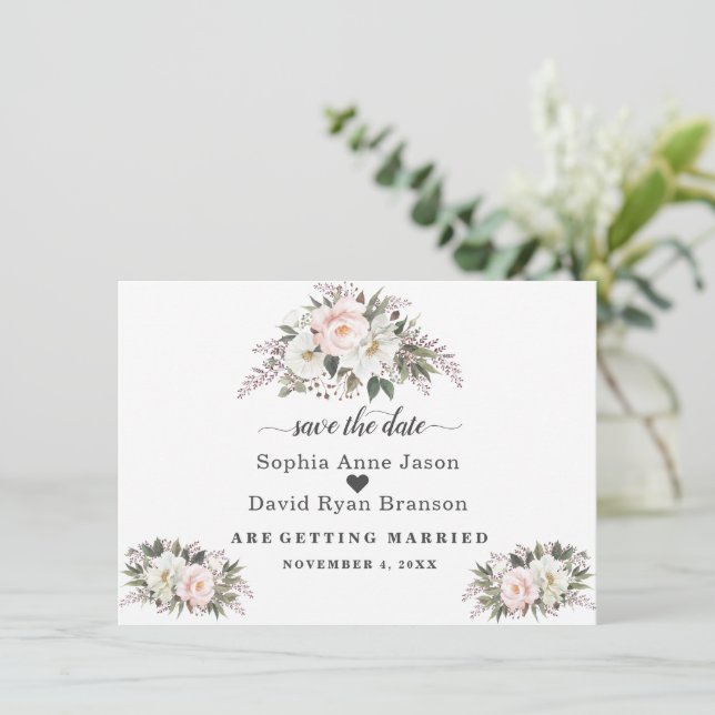Romantic Blush Ivory Flowers Wedding Calligraphy  Save The Date (Standing Front)