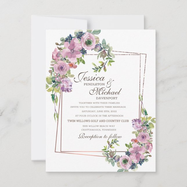 Romantic Blush Lavender Gold Frame Wedding Invitation (Front)