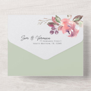 Romantic Blush Mauve Sage Floral All In One Invitation