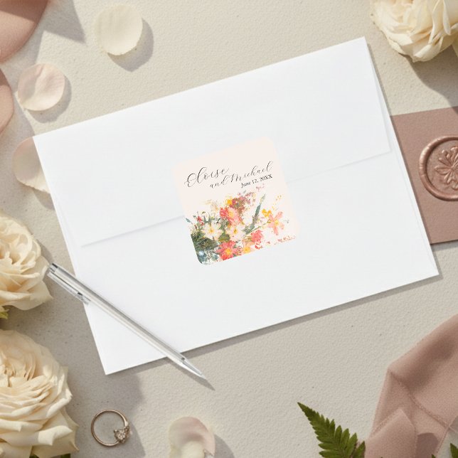 Romantic Blush Painted Floral Wedding Square Sticker (Romantic Blush Painted Floral Wedding Square Sticker)