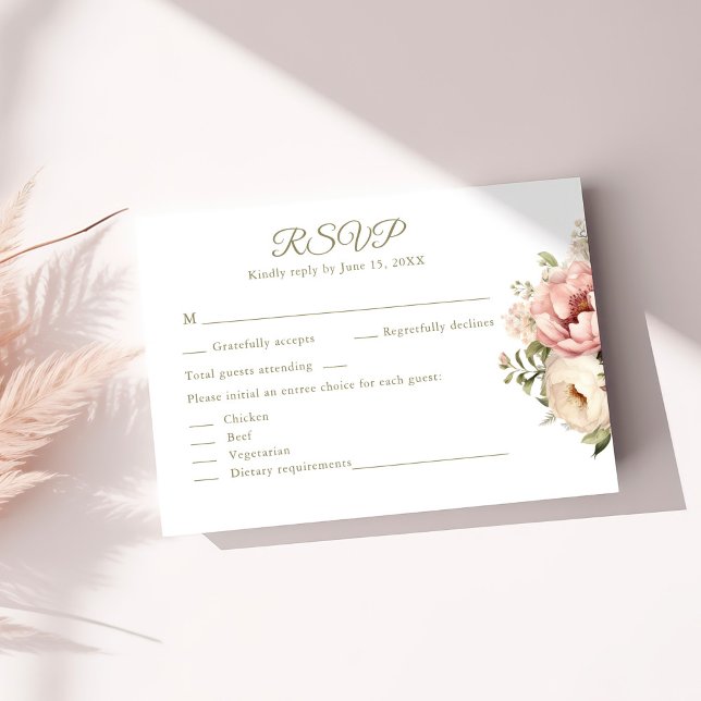 Romantic Blush & Peach Floral Wedding RSVP Card (Romantic Blush & Peach Floral Wedding RSVP Card on a sunny table with neutral dry botanicals)
