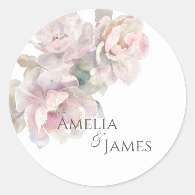 Romantic Blush Peony Floral Wedding  Classic Round Sticker (Front)