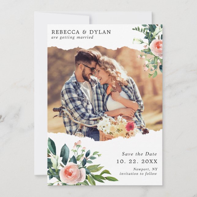 Romantic Blush Pink Floral Custom Photo Wedding Save The Date (Front)