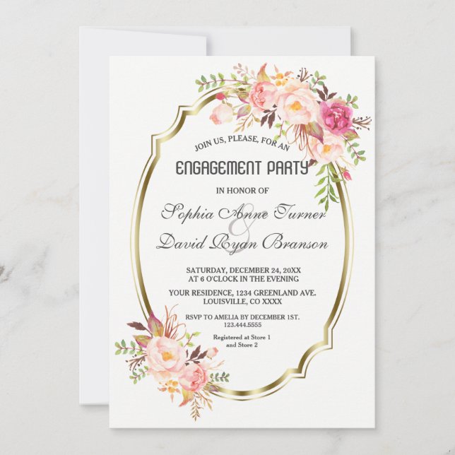 Romantic Blush Pink Floral Gold Engagement Party Invitation (Front)