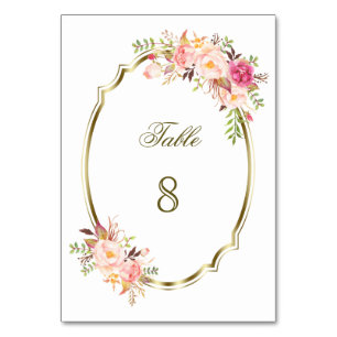 Romantic Blush Pink Floral Gold Frame Table Number