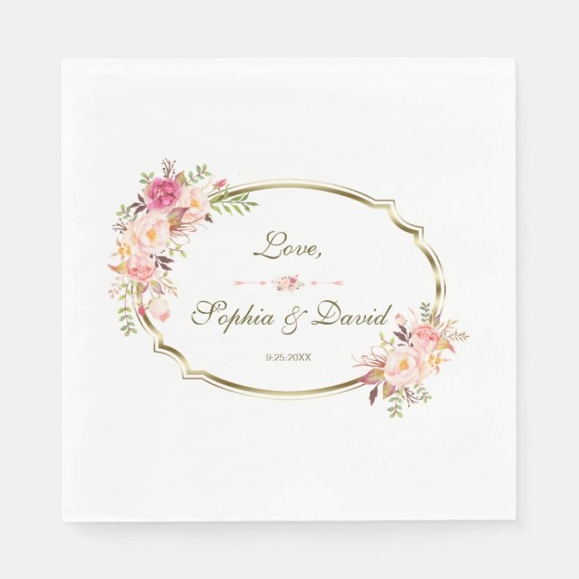 Romantic Blush Pink Floral Gold Frame Wedding Napkin (Front)