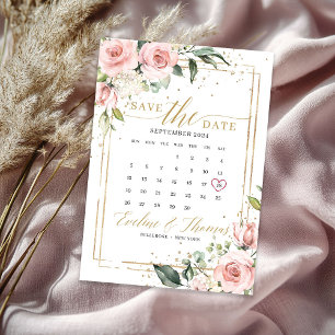 Romantic blush pink floral gold frame wedding save the date