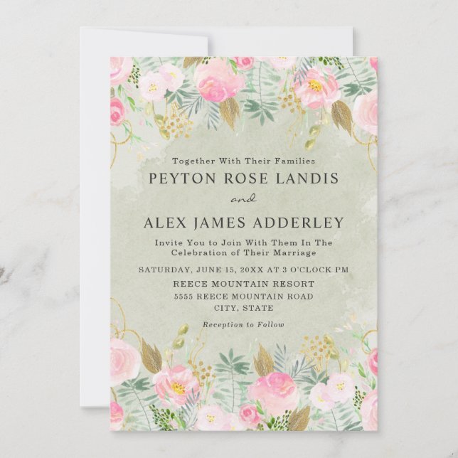 Romantic Blush Pink Floral Green Gold Wedding Invitation (Front)