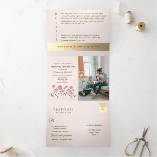 Romantic Blush Pink Floral Photo Wedding Tri-Fold Invitation