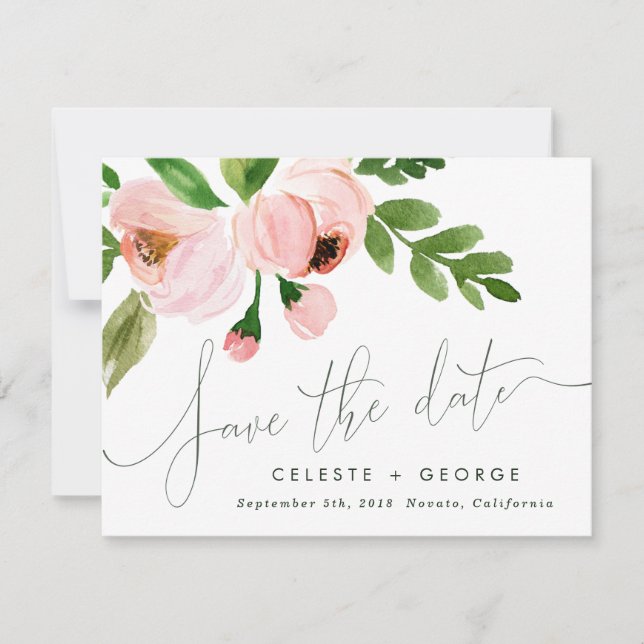romantic blush pink floral save the date announcement (Front)