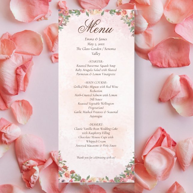 Romantic Blush Pink Floral Wedding Menu Card (Creator Uploaded)