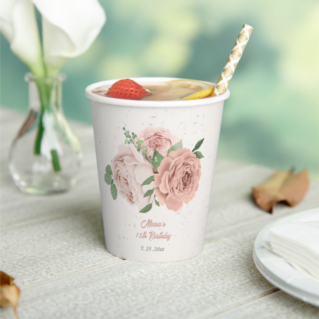 romantic blush pink flowers greenery paper cups (Insitu)