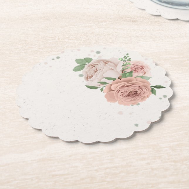 romantic blush pink flowers & leaves paper coaster (Angled)