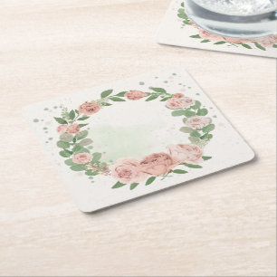 romantic blush pink flowers & leaves square paper coaster