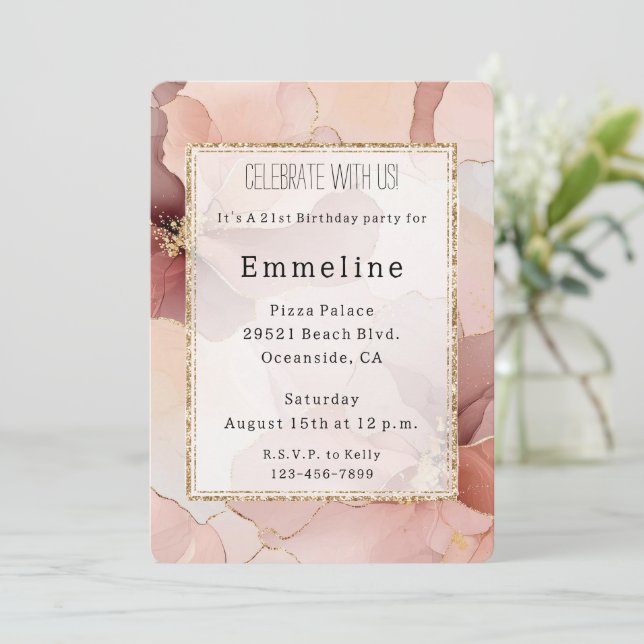 Romantic Blush Pink Gold Floral Birthday Invitation (Standing Front)