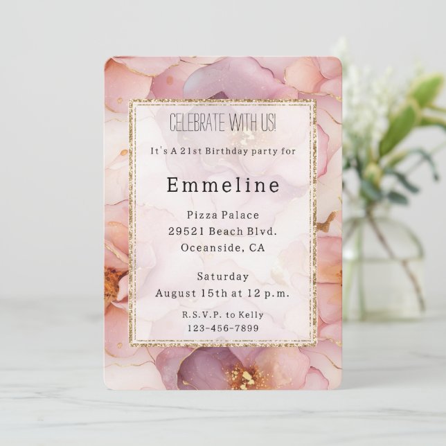 Romantic Blush Pink Gold Floral Birthday Invitation (Standing Front)