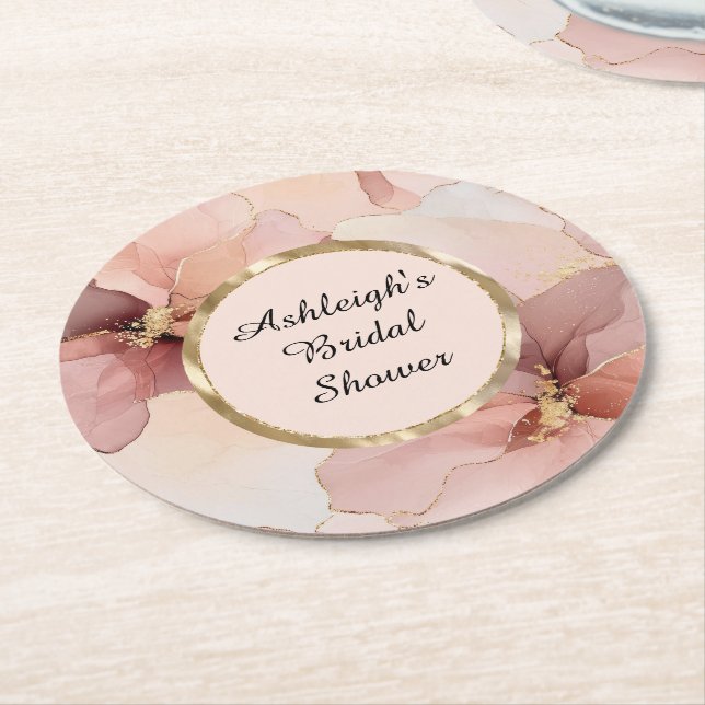Romantic Blush Pink Gold Floral Bridal Shower Round Paper Coaster (Angled)
