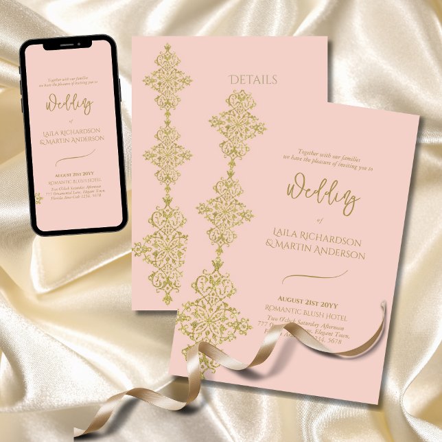 Romantic Blush Pink Gold Ornate Wedding Invitation (Creator Uploaded)