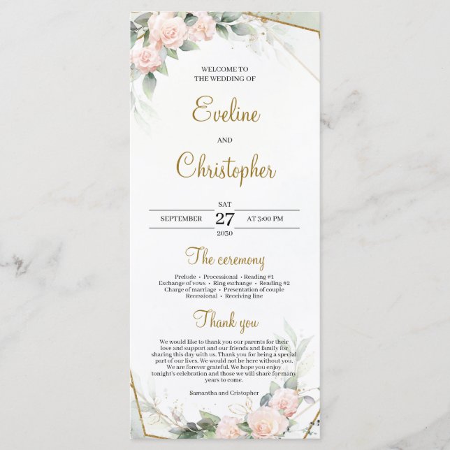 Romantic Blush Pink Greenery Foliage Gold Frame Programme (Front)