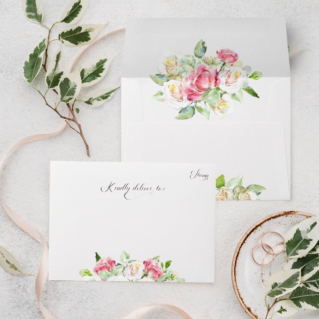 Romantic Blush Pink/Ivory Watercolor Roses Wedding Envelope (Creator Uploaded)