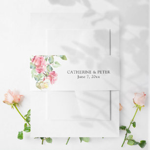 Romantic Blush Pink/Ivory Watercolor Roses Wedding Invitation Belly Band