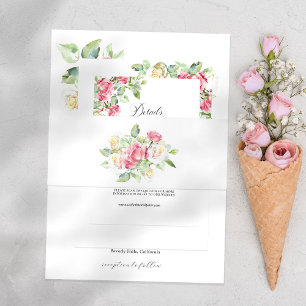 Romantic Blush Pink/Ivory Watercolor Roses Wedding Invitation Belly Band