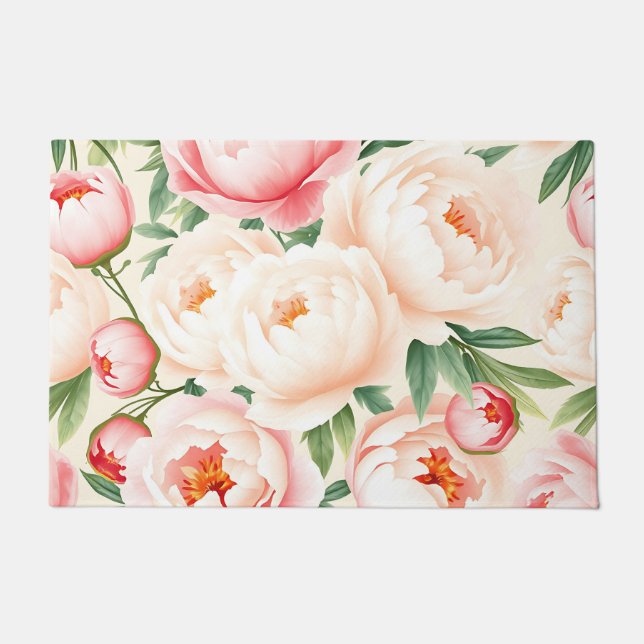 Romantic Blush Pink Peony Pattern Doormat (Front)